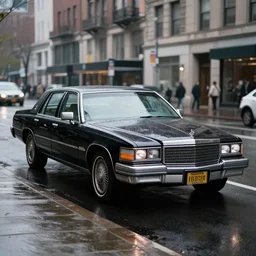 hyper realistic, high detail photo of black 1 9 9 2 cadillac de ville, city streets wet, beautiful, dreary lighting