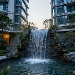 outdoor design, a small waterfall between two glass residentials, cinematic lighting, smooth, high details, realistic
