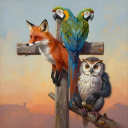 painting of cross between fox & parrot & owl & monkey, intercrossed animal, by zdzislaw beksinski, by tiffany bozic, cold hue's, warm tone gradient background, concept art, beautiful composition, digital painting,