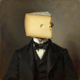 victorian oil painting of a man with a piece of cheese for a head