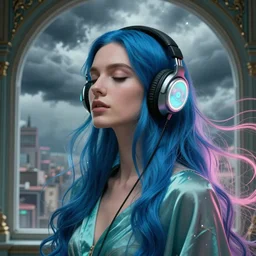 close up portrait, blue long haired elegant model, female, wearing headphones, eyes closed, by greg rutkowski, in front of a window, storm clouds, fantasy city, glowing headphones, teal and pink color palette, surreal light flowing in the air, ornate design, annie liebovitz, powerful zen composition, alphonse mucha, elegant cloth c