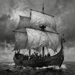 black and white digital painting of a viking ship sailing, masterpiece, by thomas blackshear, matte painting, extremely emotional, cinematic moody colors, by hsiao ron chen, ilya kuvshinov, magali villeneuve, artgerm, jeremy lipkin, rob rey, christophe vacher