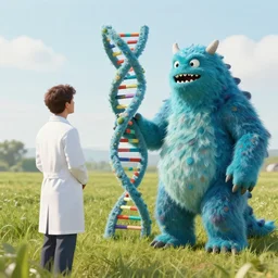 in a field, two scientists in lab coats encounter a monster shaped like the DNA double helix