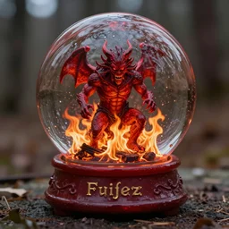 glass snow globe hyper realistic : : red : : forest on fire : : fire demons