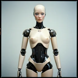 a masterpiece portrait photograph of a beautiful humanoid android by bill henson and hajime sorayama, forward facing, symmetrical composition, kodak portra 4 0 0, 5 0 mm, f 2. 8, trending on pinterest