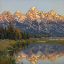 serenity at grand teton national park, oil on canvas artwork by william trost richards, nostalgic, golden hour