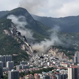 mountain collapsing near a city, photorealistic, found footage, 8k