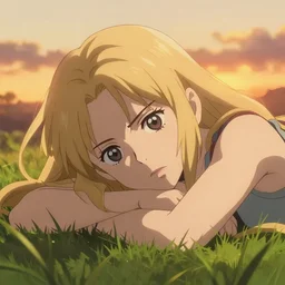 anime art, anime key visual of angry young warrior female, long blonde hair and large eyes, finely detailed perfect face, laying down in the grass at sunset, golden hour sunset lighting, background blur bokeh!!, trending on pixiv fanbox, studio ghibli, extremely high quality artwork