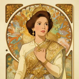well - lit art nouveau portrait of queen sirikrit of thailand, winatural lighting, path traced, highly detailed, high quality, cartoon, digital painting, by don bluth and ross tran and studio ghibli and alphonse mucha