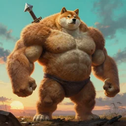 muscular oversized shiba inu  with weapon and anthropomorphic human oversized mutant proportions and very hairy body , backlight  body , extreme very textured detailed intricate  painting by rembrandt, sunset, dramatic clouds cyan atmosphere