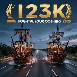two pirate ships racing each other down the m25 motorway at night, photography, epic cinematography, award wining photo