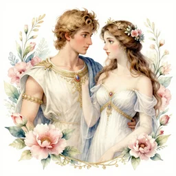 a beautiful watercolor of adonis and bathsheba, flowers, intricate, elegant, highly detailed, digital painting, artstation, concept art, smooth, sharp focus, dynamic lighting, ultrarealistic, cinematic, octane render, 8 k