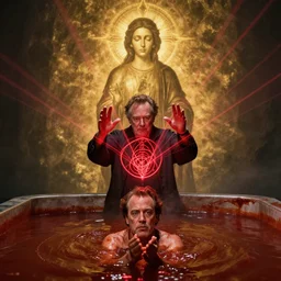 robin williams begins the ritual, sacred symbols, red laser light contorting into sacred geometry, john candy rises out of the bbq sauce pool, desaturated, dappled gold light, holy image