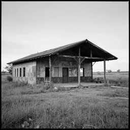 fine art photography of a abandoned old train station in the middle of nowhere, overgrown, black and white photography 3 5 mm