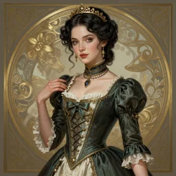 Phoebe Tonkin dressed in Victorian fashion with black hair, D&D, fantasy, intricate, elegant, highly detailed, digital painting, artstation, concept art, matte, sharp focus, illustration, art by Artgerm and Greg Rutkowski and Alphonse Mucha