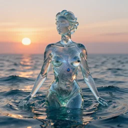 alluring woman made of glass emerging out of the ocean at sunset, realistic reflections, ray tracing, 3 - d render, intricate details, cosmic water
