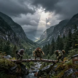 Troll Hunters Crossing a Forested Mountain Pass in the Rain