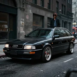 Aqua Metallic Audi RS 2 Avant (1995), black car, a gritty neo-noir, dramatic lighting, cinematic, establishing shot, extremely high detail, photorealistic, cinematic lighting, artstation, by simon stalenhag, Max Payne (PC) (2001) winter new york