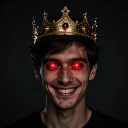 man with a crown, smirk, photograph, black backgrounds, glowing red eyes