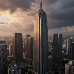 skyscrapers, dramatic sunset lighting, rainy clouds, artstation, 3 d render, hyperdetailed, aerial view, 8 0 0 mm lens