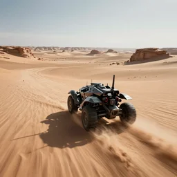 armored core v running across the open desert, empty desert, sand, karst landscape, wide shot ; dynamic contrast, bokeh, motion blur, photoreal, cinematic, digital art by liam wong