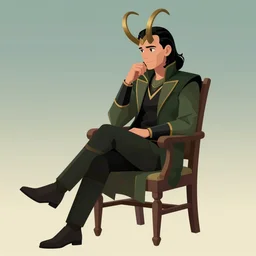 this illustration is concept art for the comic book character of loki, the norse god of mischief sitting on a chair with his legs crossed. he is looking at something off to the side, and his expression is one of concentration or deep thought. the background is a simple, two - tone gradient. the colors are muted and calming, giving the image an overall peaceful feeling.