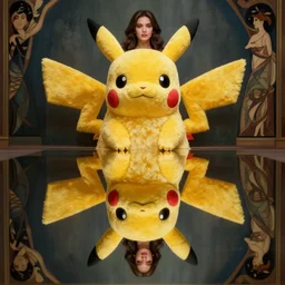 elegant woman dressed up as pikachu, symmetry, art photo by Annie Liebovitz and Alphonse Mucha