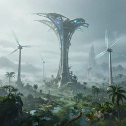 a futuristic image of an alien swampland with gigantic sail shaped tower and glass turbine blades, by James clyne, foggy, cyberpunk city in the distance, iridescent, artstation, CG society, Ariel view