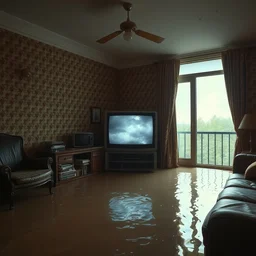 an old flooded apartment interior, crt tv with storm clouds on the screen