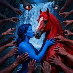 blue ney motogrosso in love with a red stallion, too many hands in all directions, too many teeth, too many eyes, in hoc signo vinces, waterfall, in the style of gottfried helnwein, high contrast chiaroscuro, intricate composition, blue light, insanely quality, highly detailed, masterpiece, red light, artstation