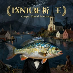 a fish in a tuxedo, innsmouth, wanderer, fishpeople, fishing town, church, night, dramatic light, lovecraft, painted by caspar david friedrich