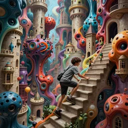 a young human climbing a staircase in a huge vertical medieval city, fluid, smooth, organic, crazy, bright, colours, tumours, high contrast, sharpness, dramatic, very detailed, intricate, by giger and corben and moebius and beksinski and bosch and bacon