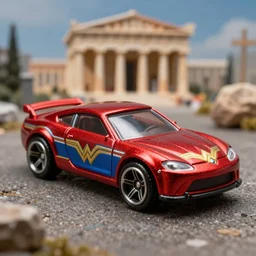 3 5 mm photo of metallic red and blue wonder woman car like hot wheels model with a greek ancient city as background, epic cinematic, epic lighting