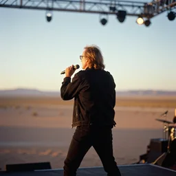candid photograph from stage of robert plant from the back performing in the atacama desert by mark owen. kodak portra film!!. whirl bokeh!. mamiya 7. highly detailed. hq. photoreal. golden hour. in - frame