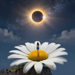 large white daisy flower head, girl walking on cliff, surreal photography, solar eclipse, milky way, dramatic light, impressionist painting, clouds, digital painting, artstation, james gilleard and liam wong and jeremy mann