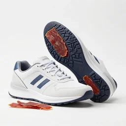sports shoe with sole sliding aside, slice of jerky inside, product photo