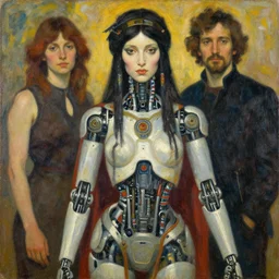 portrait of a female shaman robot goddess wizard, oil on canvas, by jeffrey catherine jones and denis sarazhin and mucha