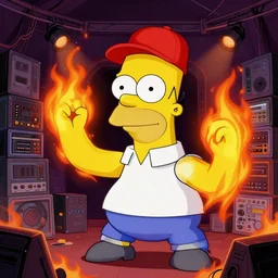 character art by ruan jia, a man looking like homer simpson wearing wayfarer glasses and red baseball hat at a music concert, on fire, fire powers, room filled with computer equipment