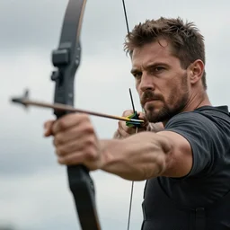 tough man with bow and arrows, close up with cloudy sky at background, uhd 8 k, highly detailed