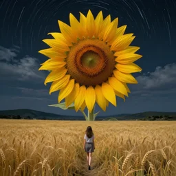 giant sunflower as a head, girl walking in wheat field, hills, surreal photography, dark night, star trails, dramatic light, impressionist painting, clouds, digital painting, artstation, simon stalenhag