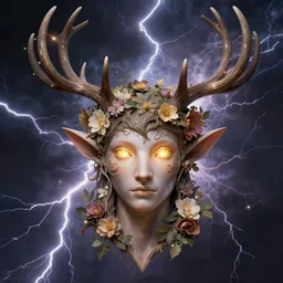 character concept portrait, head - on centralized, elf with antlers, flowers, glowing golden eyes. detailed, high quality, dynamic lightning, fantasy. artwork by artgerm, wlop, alex ross, greg rutknowski, alphonse mucha
