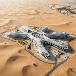 parametric structure, medical complex, in the desert beside the gulf, view from above, design by bruce wayne, dezeen, architectural photography