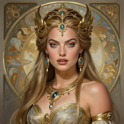 Margot Robbie as an Atlantian Warrior Goddess, cute, fantasy, intricate, elegant, highly detailed, digital painting, 4k, HDR, concept art, detailed jewelry, smooth, sharp focus, head and waist potrait, art by Artgerm and H R Giger and Greg Rutkowski and Alphonse Mucha