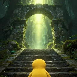 a first person perspective shot looking up a stone staircase leading to an ancient stone archway that leads to an aaahh!!! Real monsters dimension covered in vines and emanating glowing yellow green light by James Gurney and beeple | unreal engine
