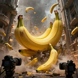 news camera footage of giant bananas falling into and exploding buildings, dim volumetric lighting, 8 k octane beautifully detailed render, post - processing, extremely hyper - detailed, intricate, epic composition, giant bananas natural disaster, cinematic lighting, masterpiece, trending on artstation, detailed detailed detailed, masterpiece, stunning