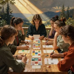 a team of female programmers is using planning poker in the background in the style of a norman rockwell painting