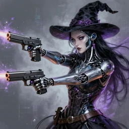 A cybernetic witch wielding two Glock pistols, bust shot, smooth, intricate, elegant, power aura, digital painting, artstation, concept art, high tech fantasy, sharp focus, illustration, art by James Jean