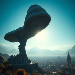 hyperdetailed digital art, a single enormous brutalist ancient mushroom tower shaped like amanita muscaria,, set against sunlit mountains and a huge old city, 8 k, artstation, volumetric lighting, cinematic composition, octane render, dark surrealism, highly detailed by peter mohrbacher, hajime sorayama, wayne barlowe, boris vallejo, aaron horkey, gaston bussiere, craig mullins