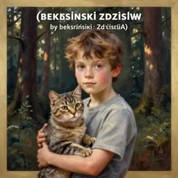 forest by beksinski zdzisław, boy with cat by james jean,