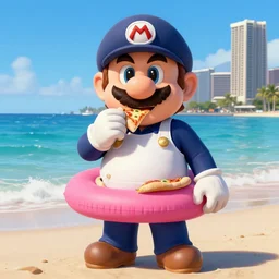 portrait of realistic Mario wearing a navy and white sepuku uniform and eating a pizza on a pink floatie in Waikiki beach, beautiful massive ocean, elegant, highly detailed, centered, digital painting, artstation, concept art, smooth, sharp focus, illustration, by Peter Mohrbacher, WLOP